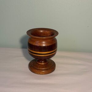 Hand-Turned Wooden Vase with Striped Inlay - Brown